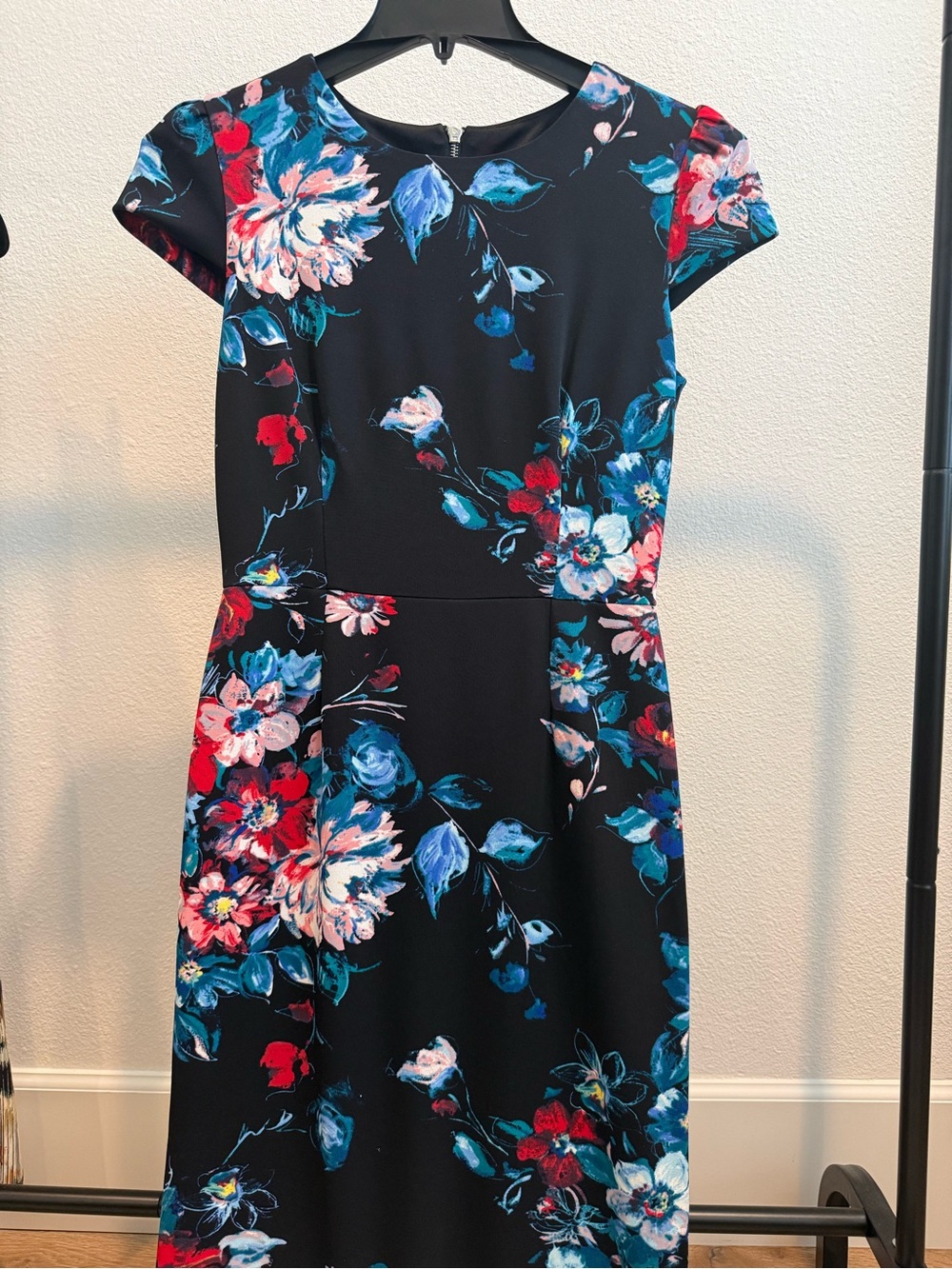 Betsey Johnson Black Midi Dress with Blue and Red Floral Print